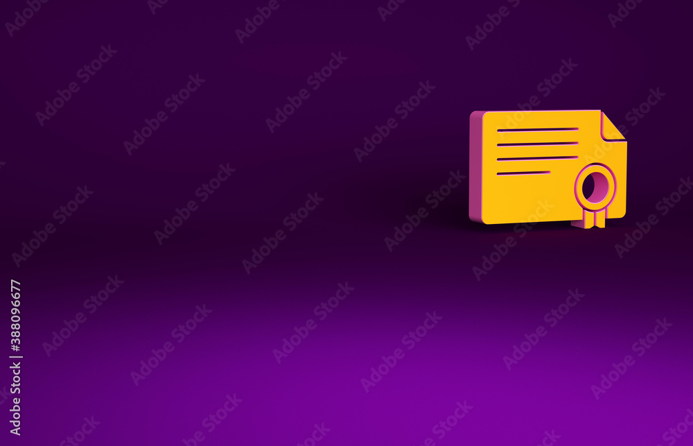 Orange Certificate template icon isolated on purple background. Achievement, award, degree, grant, d