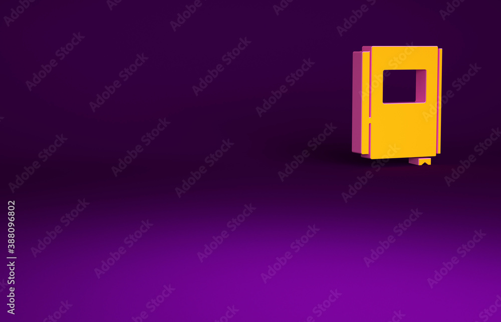 Orange Book icon isolated on purple background. Minimalism concept. 3d illustration 3D render.