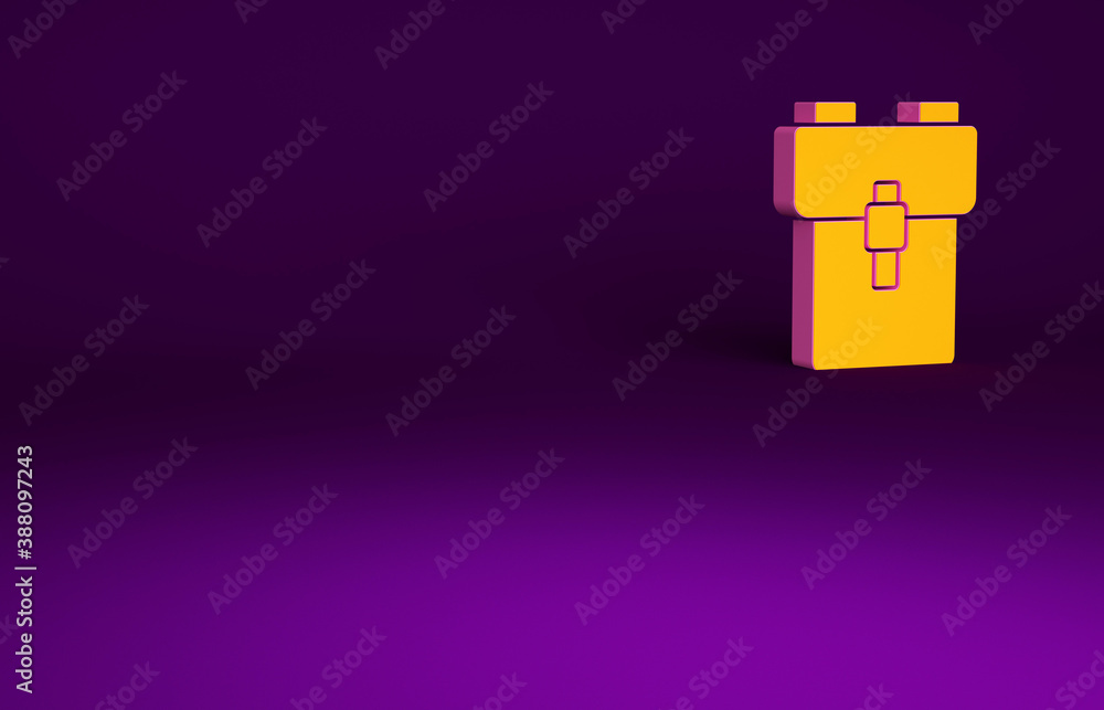 Orange School backpack icon isolated on purple background. Minimalism concept. 3d illustration 3D re