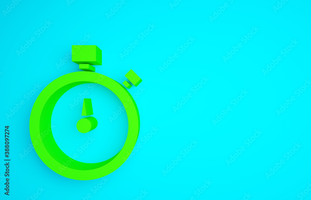 Green Stopwatch icon isolated on blue background. Time timer sign. Chronometer sign. Minimalism conc