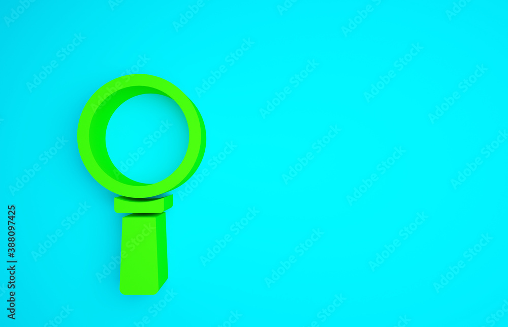 Green Magnifying glass icon isolated on blue background. Search, focus, zoom, business symbol. Minim