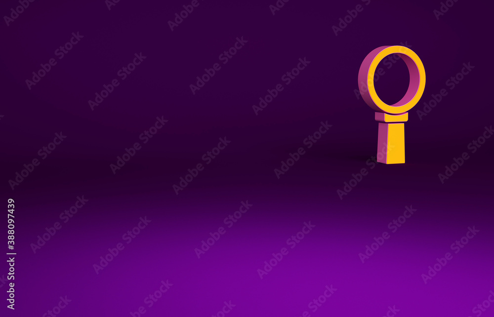 Orange Magnifying glass icon isolated on purple background. Search, focus, zoom, business symbol. Mi