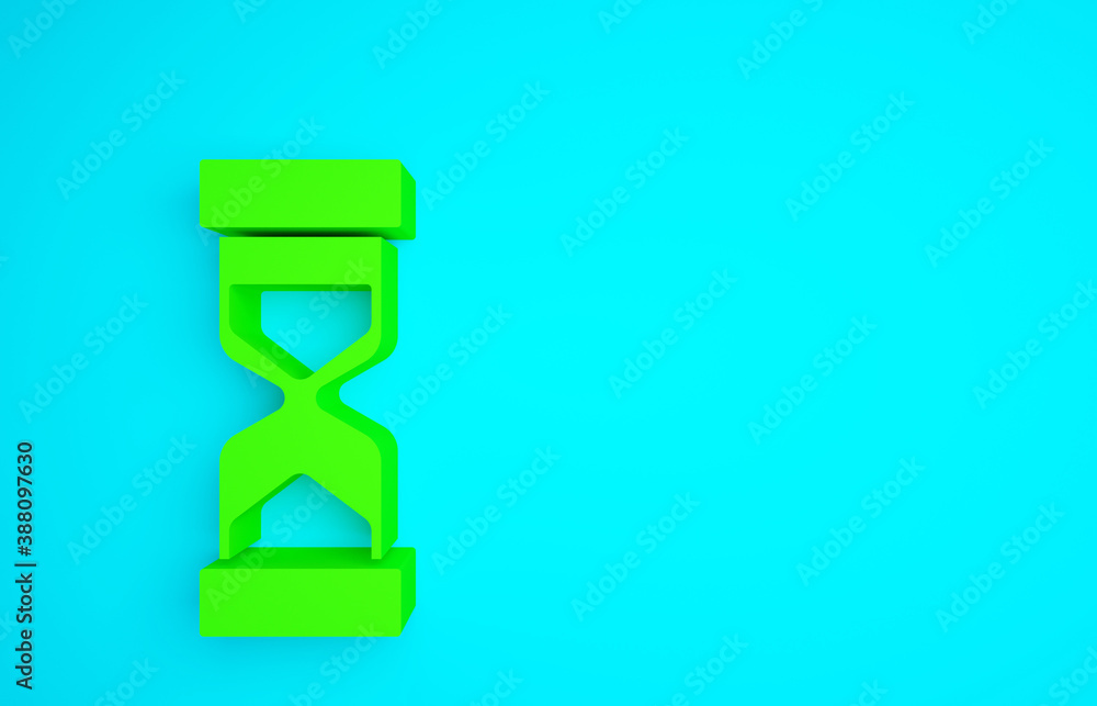 Green Old hourglass with flowing sand icon isolated on blue background. Sand clock sign. Business an