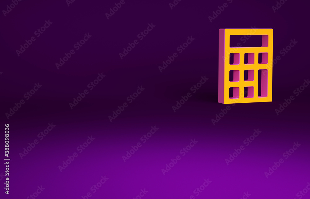 Orange Calculator icon isolated on purple background. Accounting symbol. Business calculations mathe