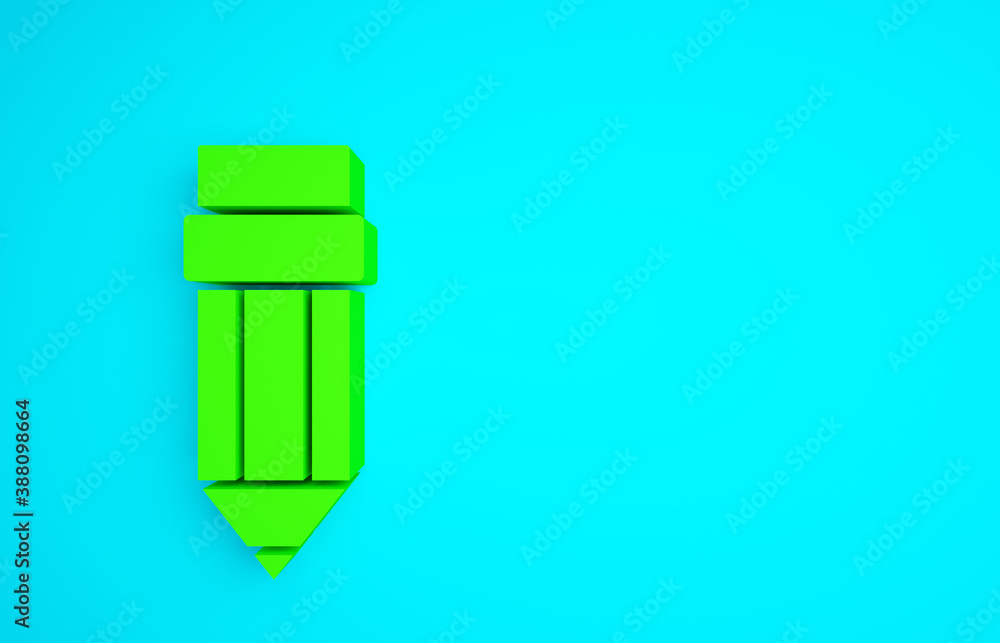 Green Pencil with eraser icon isolated on blue background. Drawing and educational tools. School off