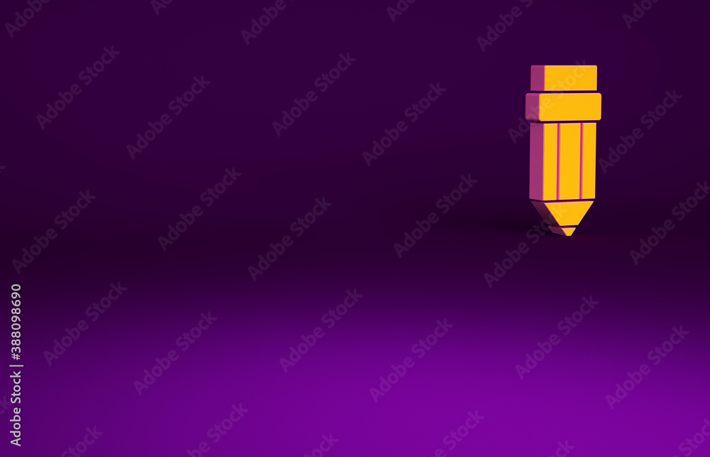 Orange Pencil with eraser icon isolated on purple background. Drawing and educational tools. School 