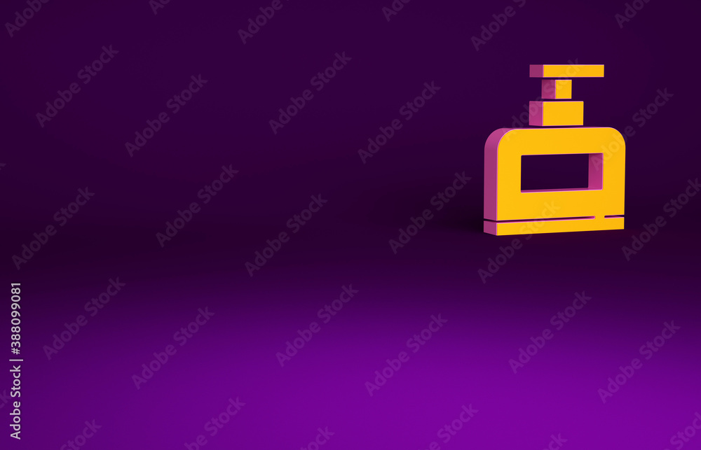 Orange Bottle of shampoo icon isolated on purple background. Minimalism concept. 3d illustration 3D 