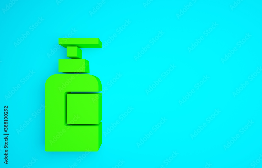 Green Bottle of shampoo icon isolated on blue background. Minimalism concept. 3d illustration 3D ren