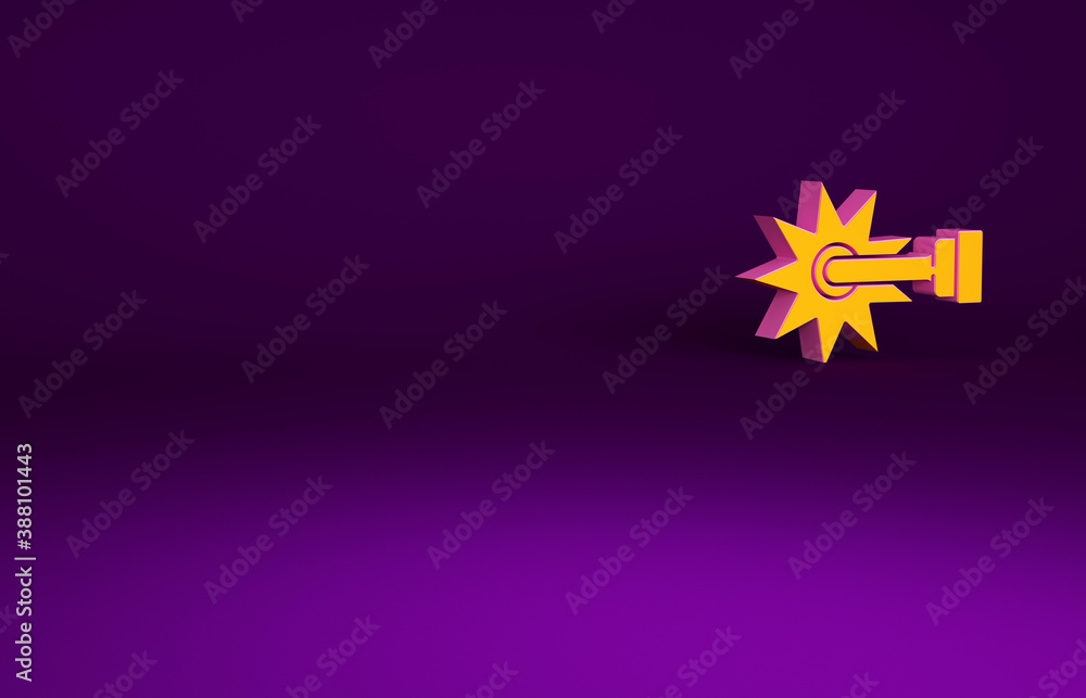 Orange Cowboy horse riding spur for boot icon isolated on purple background. Minimalism concept. 3d 