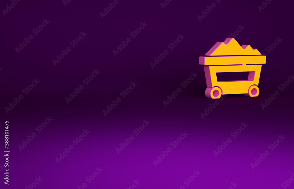 Orange Coal mine trolley icon isolated on purple background. Factory coal mine trolley. Minimalism c