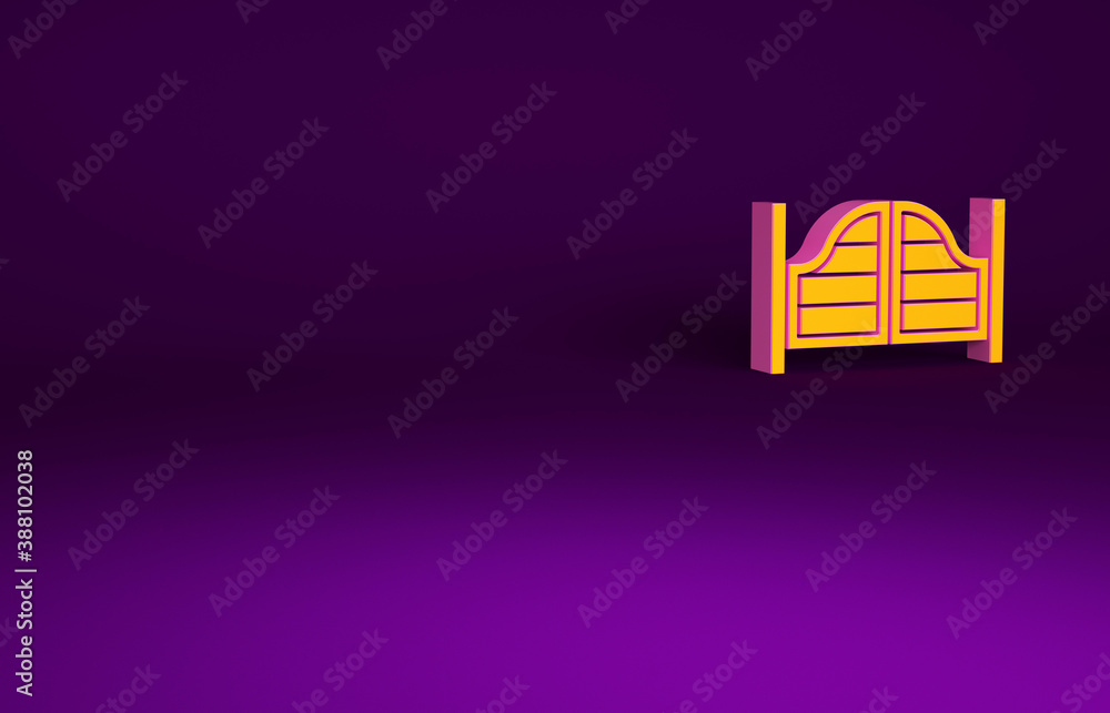 Orange Old western swinging saloon door icon isolated on purple background. Minimalism concept. 3d i