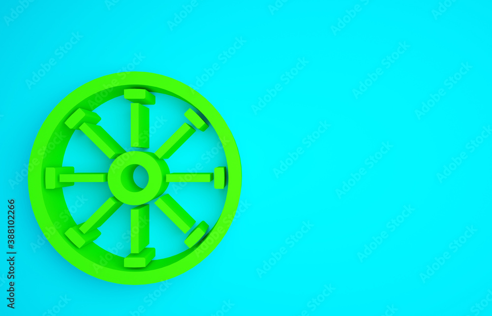 Green Old wooden wheel icon isolated on blue background. Minimalism concept. 3d illustration 3D rend