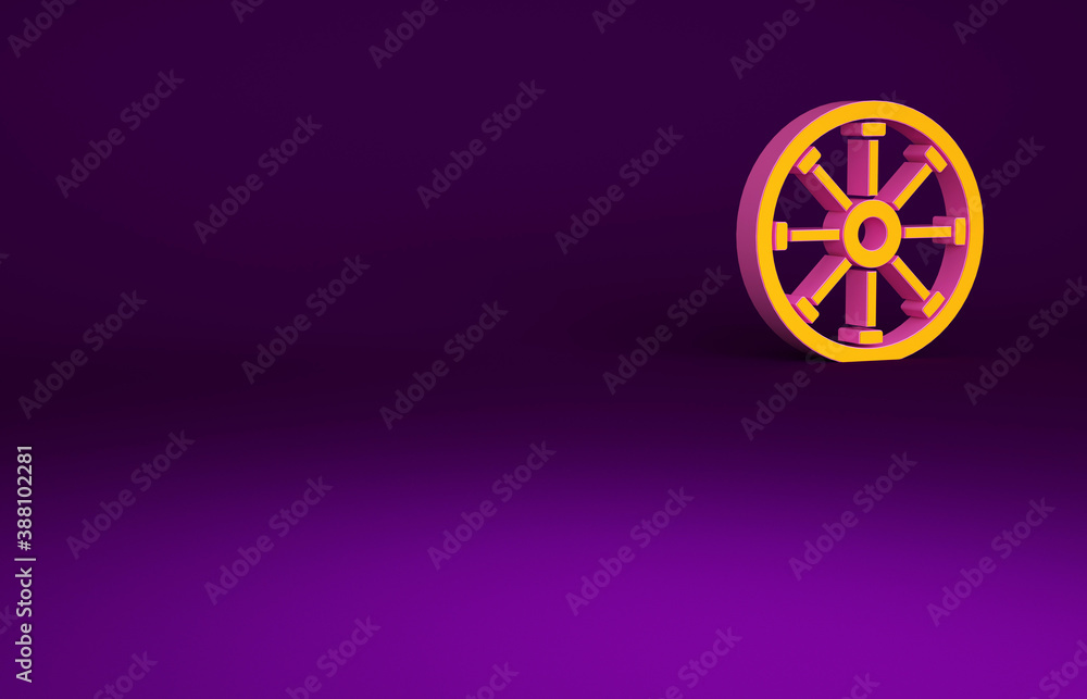 Orange Old wooden wheel icon isolated on purple background. Minimalism concept. 3d illustration 3D r