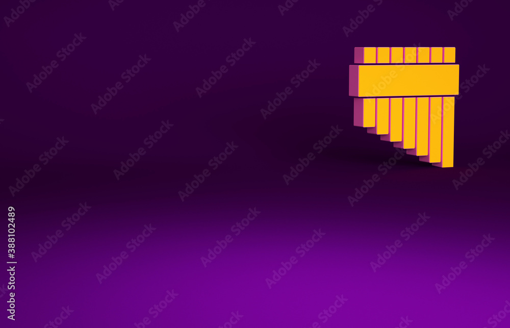 Orange Pan flute icon isolated on purple background. Traditional peruvian musical instrument. Zampon