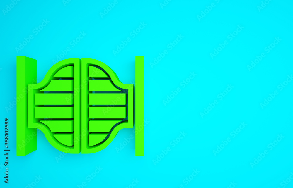 Green Old western swinging saloon door icon isolated on blue background. Minimalism concept. 3d illu