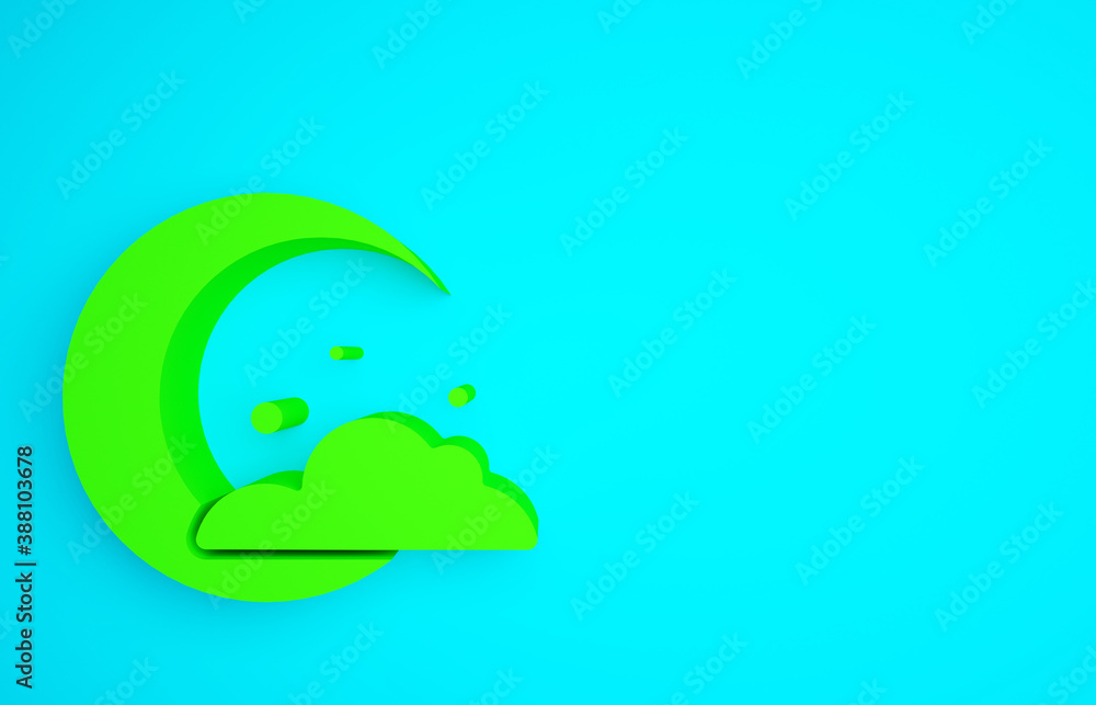 Green Moon and stars icon isolated on blue background. Cloudy night sign. Sleep dreams symbol. Night