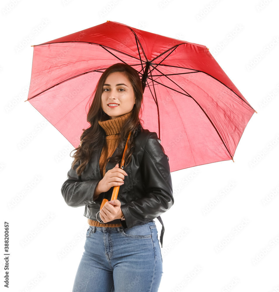 Stylish young woman with umbrella on white background