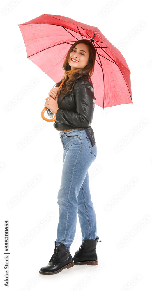 Stylish young woman with umbrella on white background