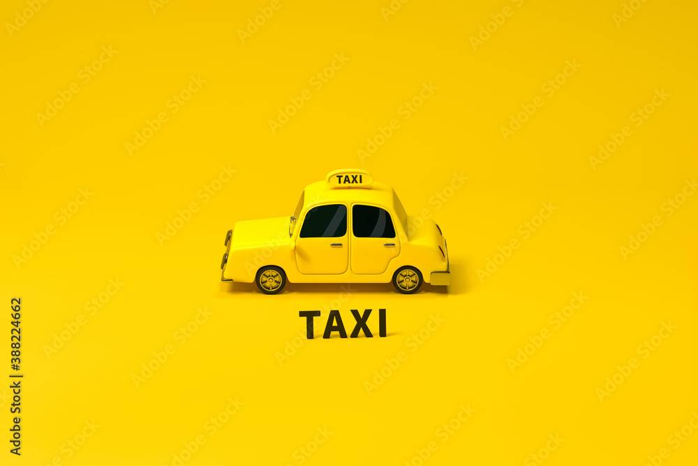 Mini 3D taxi, mini car with yellow color, 3d rendering.