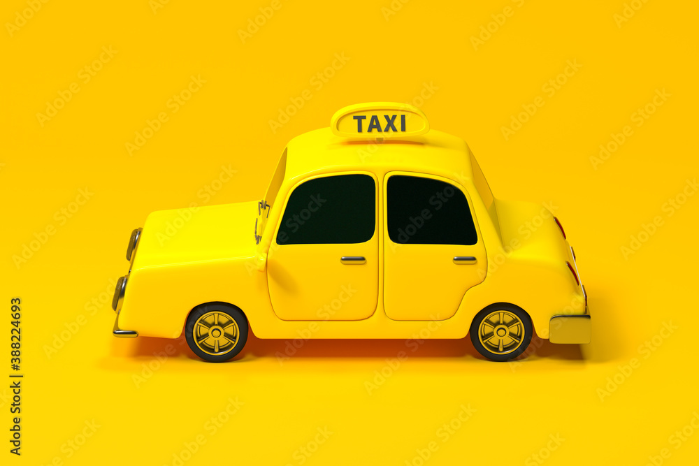 Mini 3D taxi, mini car with yellow color, 3d rendering.