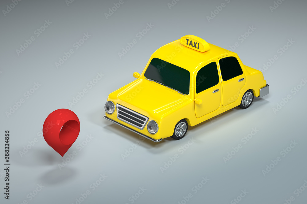 Mini 3D taxi, mini car with yellow color, 3d rendering.