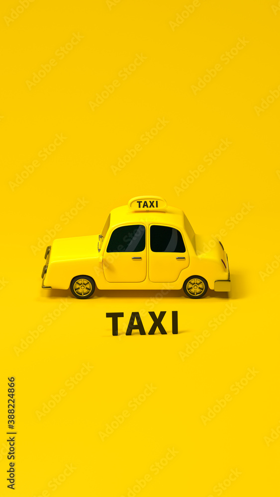 Mini 3D taxi, mini car with yellow color, 3d rendering.