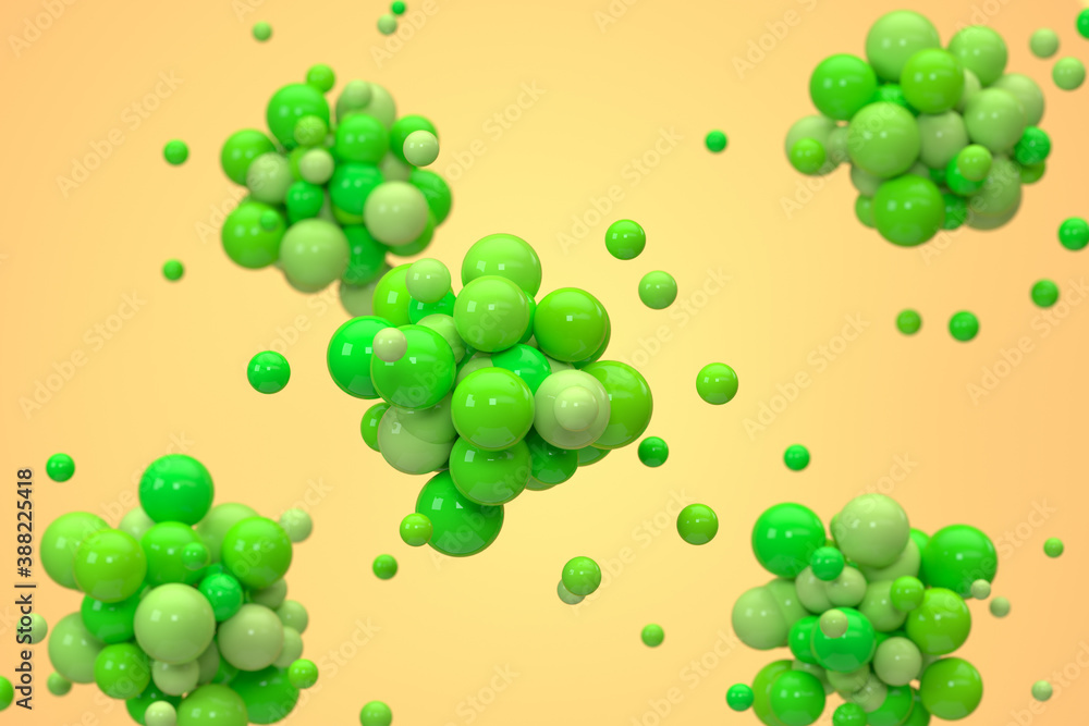 Green balls gather together with yellow background, 3d rendering.