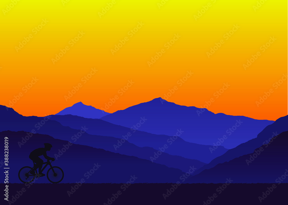 Person riding bicycle. Mountain and sunset background. Vector illustration