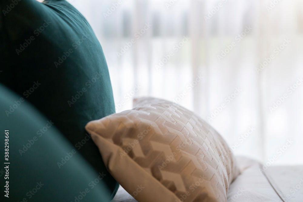 close up white beige soft pillows on bed and blanket bedroom interior design concept.bed maid luxury