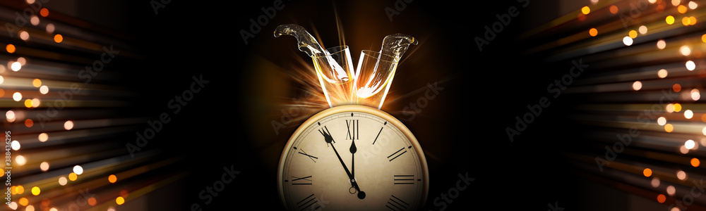 Clinking glasses of tasty champagne and clock on dark background with blurred lights