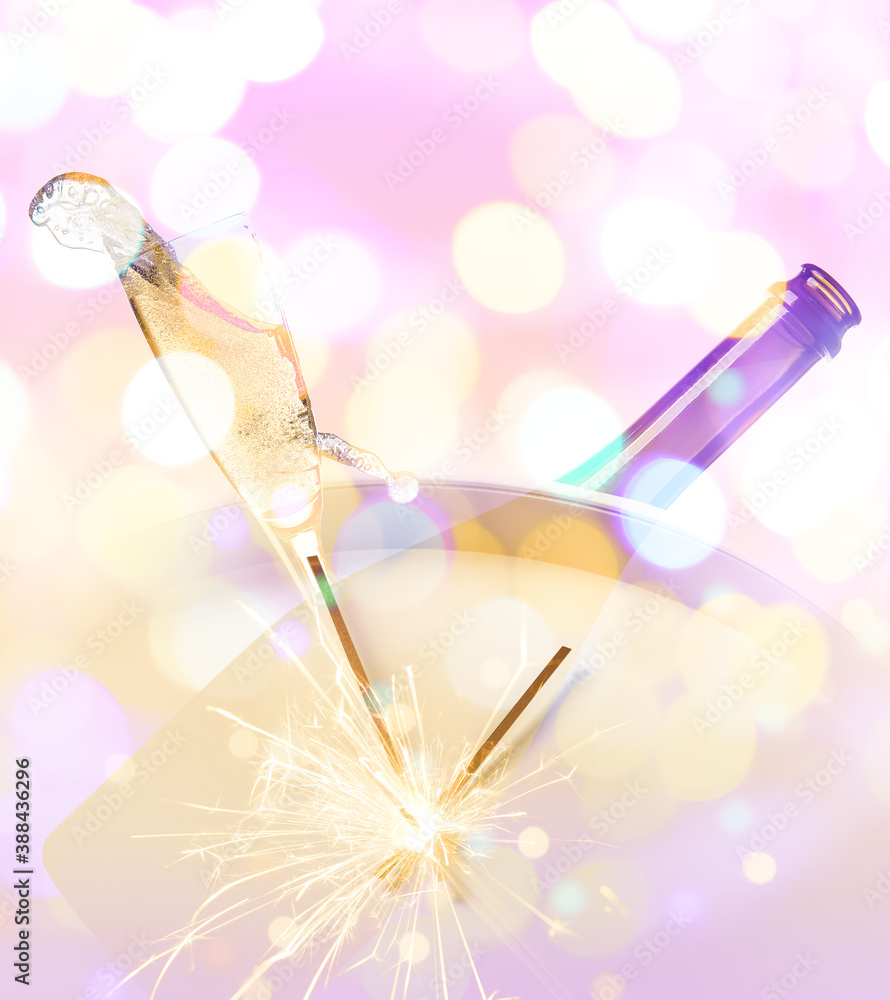 Composition with splashing champagne in glass, bottle and clock on color background