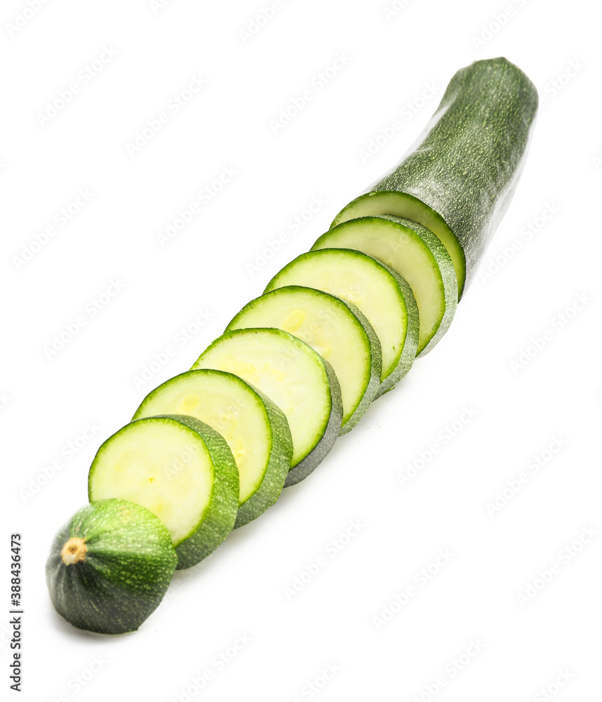 Sliced zucchini squash on white background