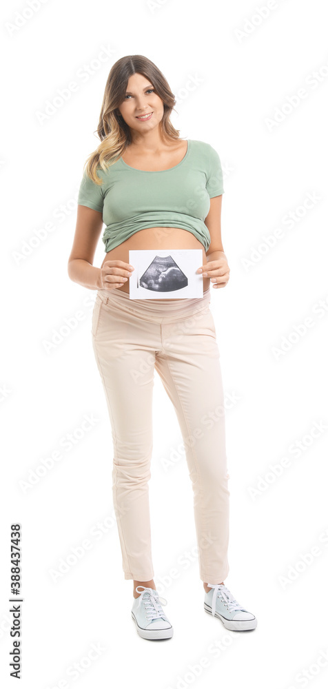 Beautiful pregnant woman with sonogram image on white background