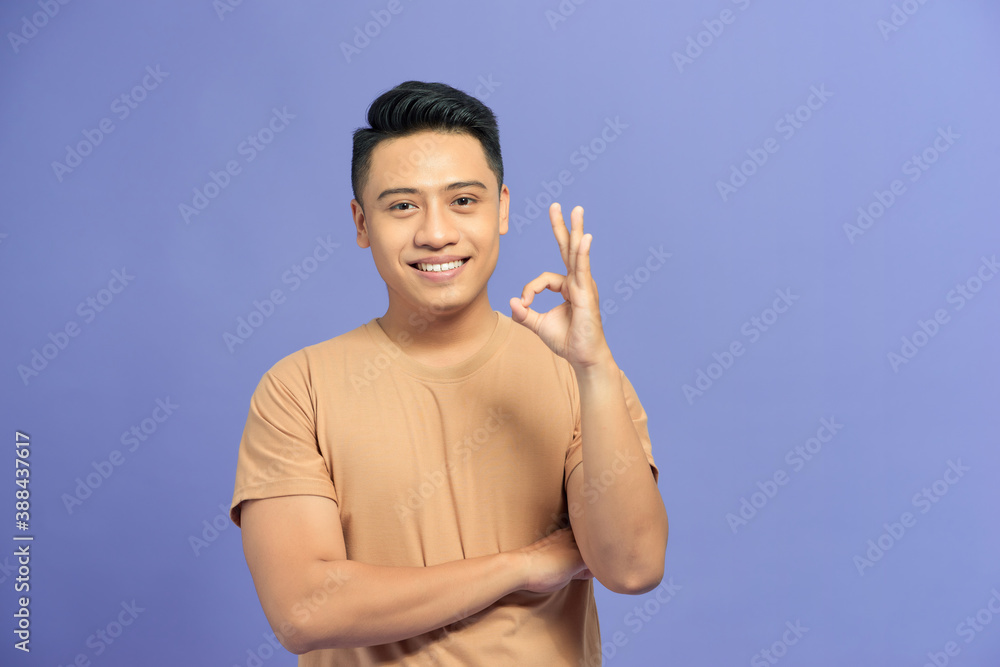 Portrait of a happy young man showing ok gesture and looking at camera isolated over color backgroun