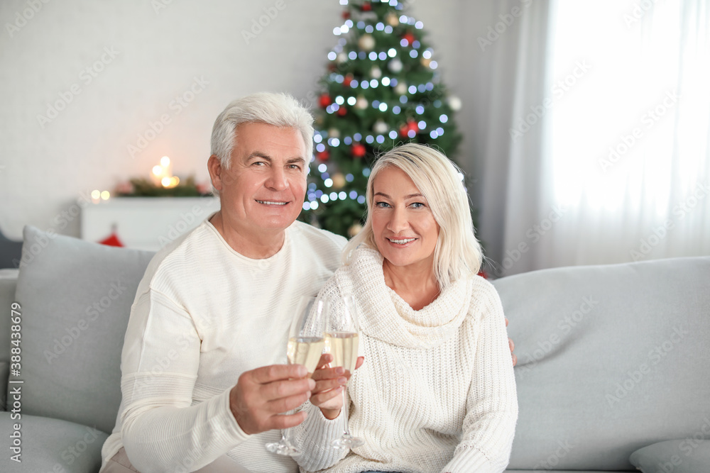 Mature couple with champagne celebrating Christmas at home