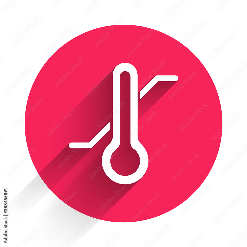 White Meteorology thermometer measuring icon isolated with long shadow. Thermometer equipment showin