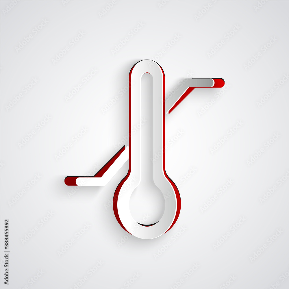 Paper cut Meteorology thermometer measuring icon isolated on grey background. Thermometer equipment 