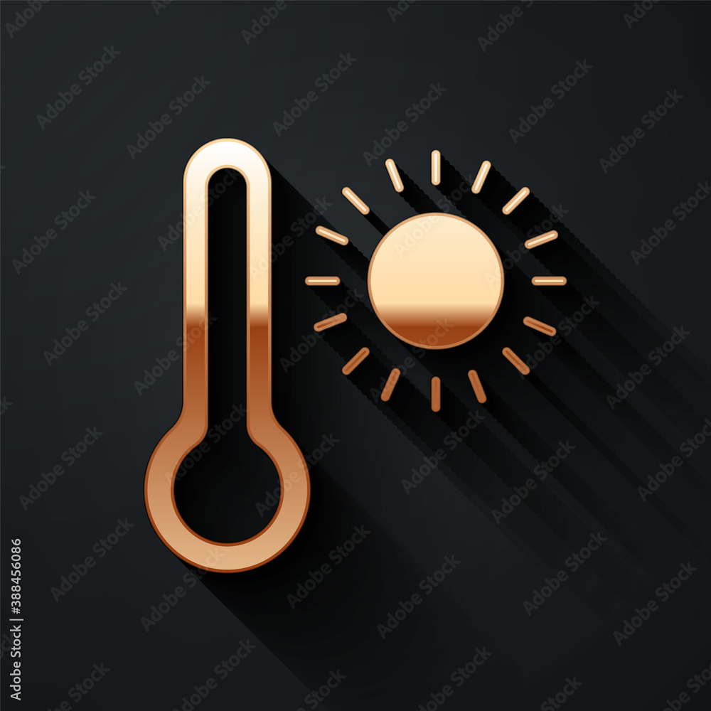 Gold Meteorology thermometer measuring heat and cold icon isolated on black background. Thermometer 