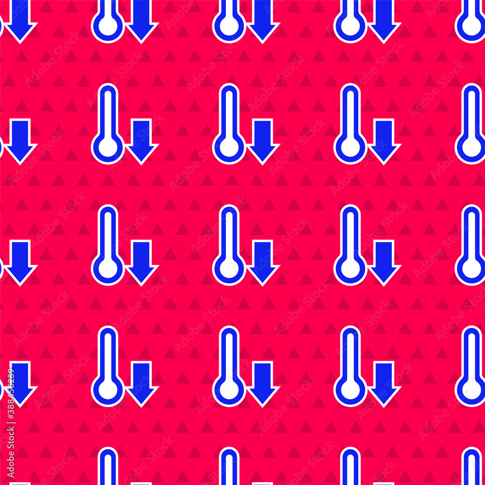 Blue Meteorology thermometer measuring icon isolated seamless pattern on red background. Thermometer