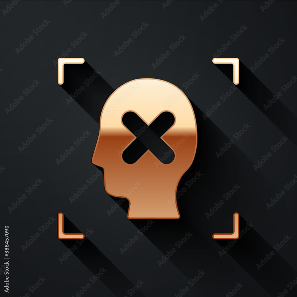 Gold Rejection face recognition icon isolated on black background. Face identification scanner icon.