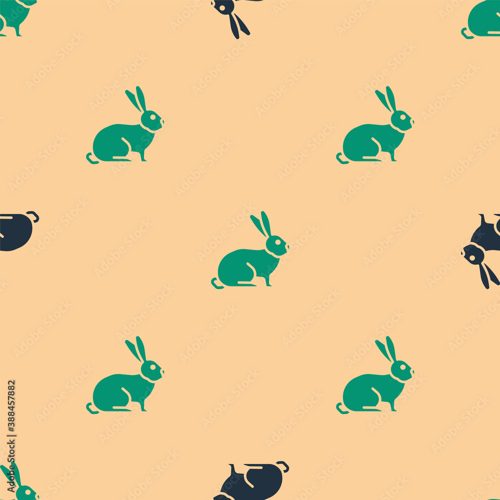 Green and black Rabbit icon isolated seamless pattern on beige background. Vector.