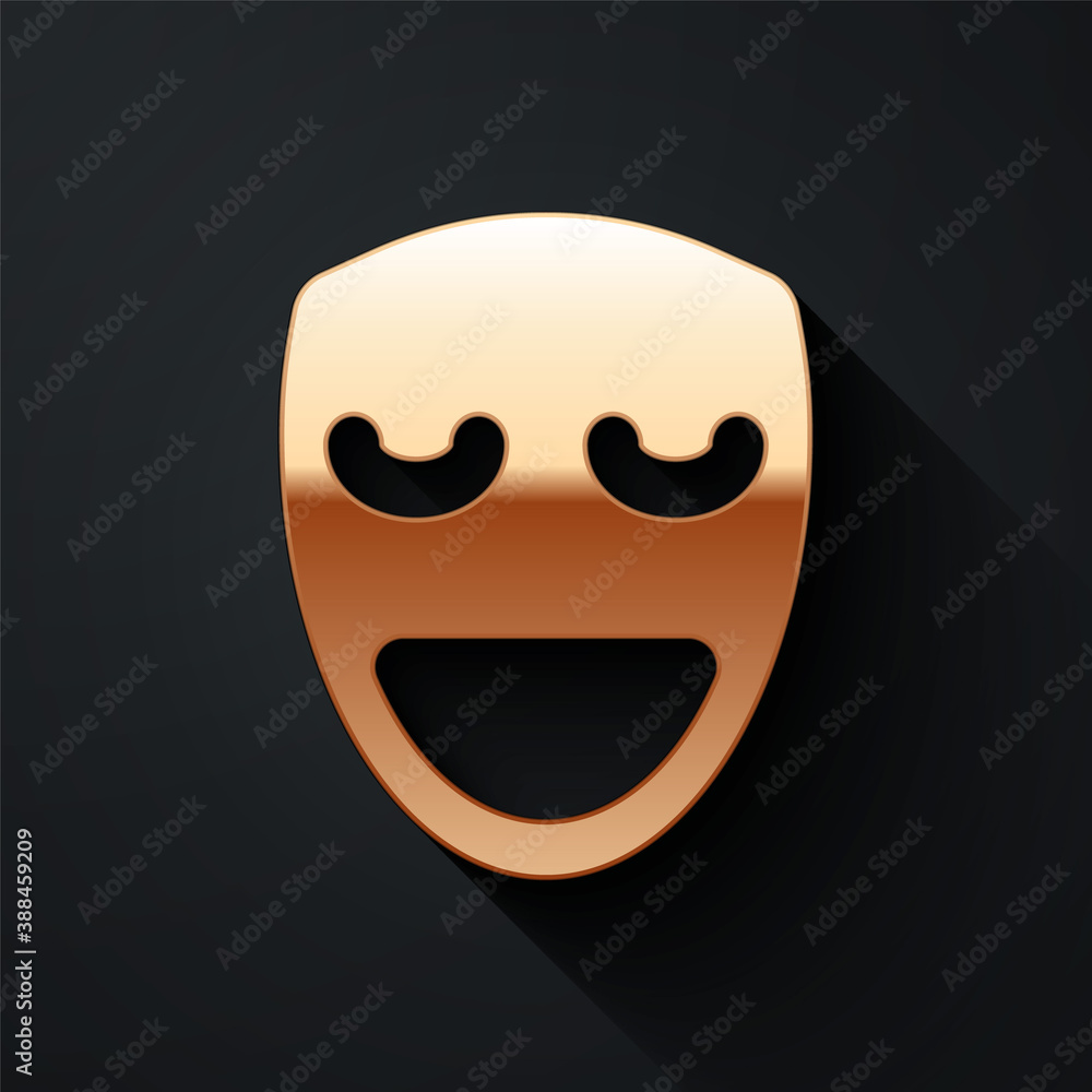 Gold Comedy theatrical mask icon isolated on black background. Long shadow style. Vector.