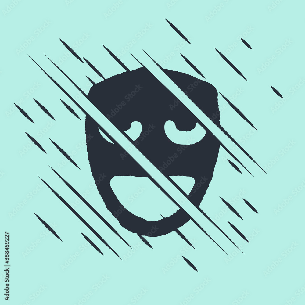 Black Comedy theatrical mask icon isolated on green background. Glitch style. Vector.