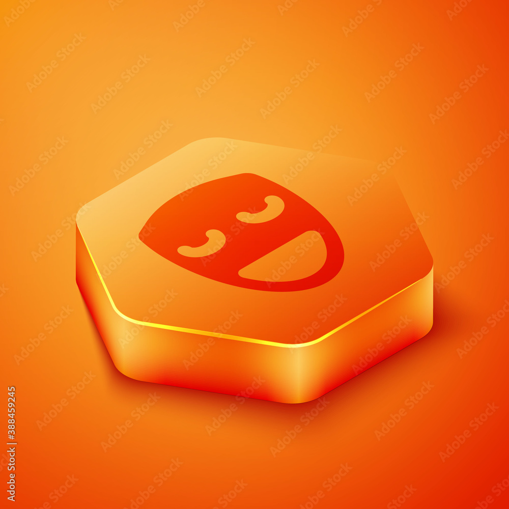 Isometric Comedy theatrical mask icon isolated on orange background. Orange hexagon button. Vector.