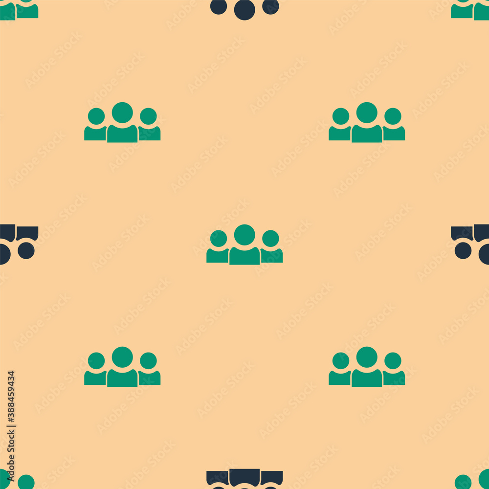 Green and black Users group icon isolated seamless pattern on beige background. Group of people icon