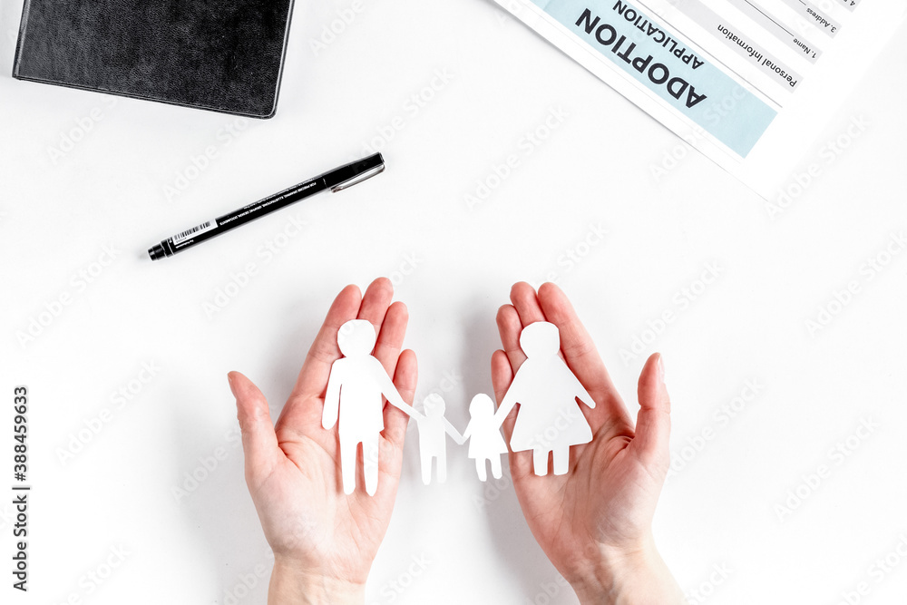 family paper figures in adopting concept on white background top view