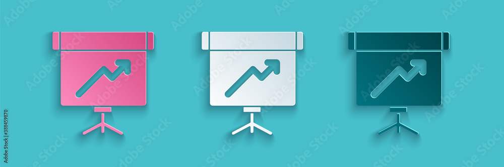 Paper cut Presentation board with graph, schedule, chart, diagram, infographic, pie graph icon isola