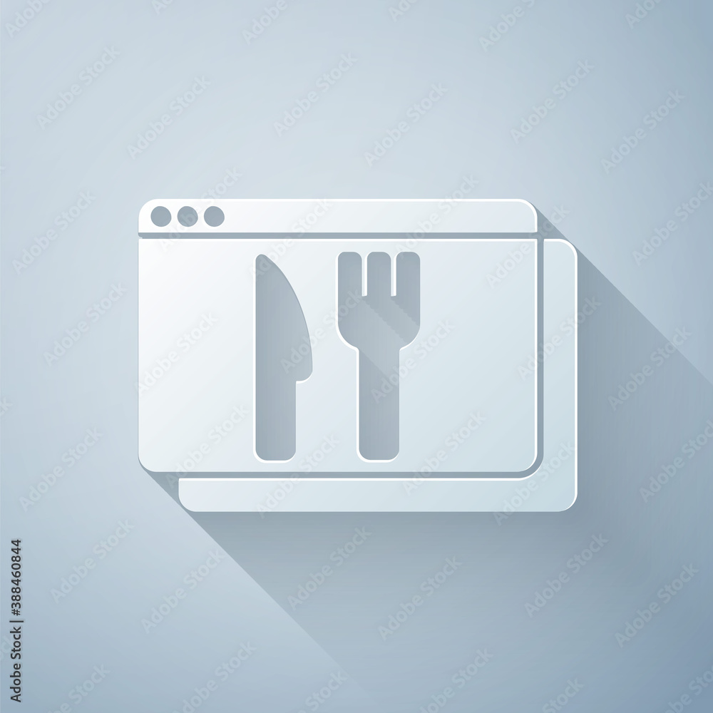 Paper cut Online ordering and fast food delivery icon isolated on grey background. Paper art style. 