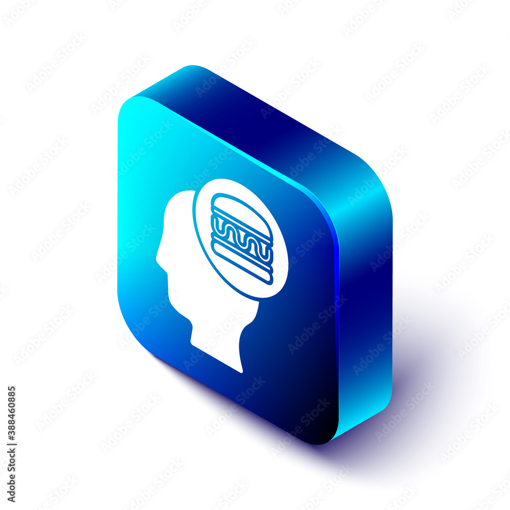 Isometric Online ordering and fast food delivery icon isolated on white background. Blue square butt