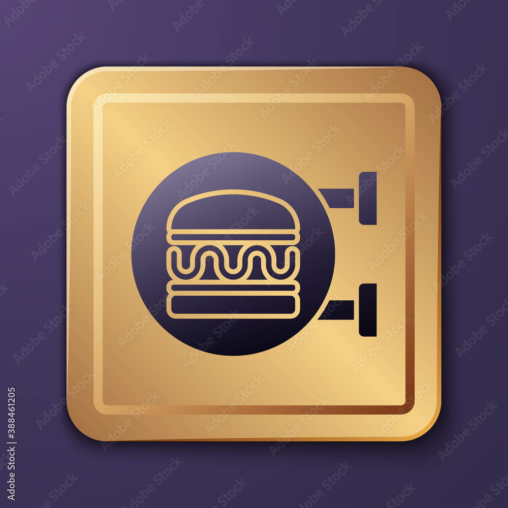 Purple Online ordering and burger delivery icon isolated on purple background. Gold square button. V